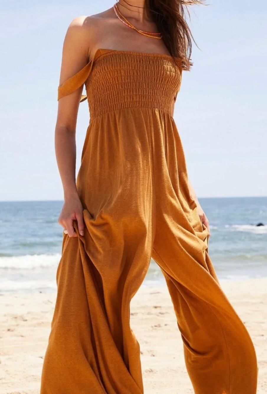 Free People FP Beach Homecoming Jumpsuit Romper Linen Blend Wide Leg Gold MEDIUM